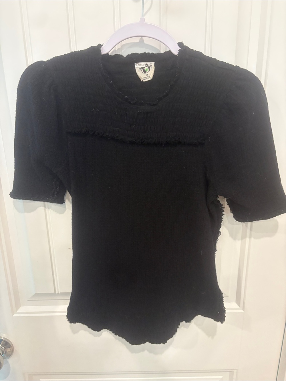 Free People Black Ribbed Puff Sleeve Smocked Top